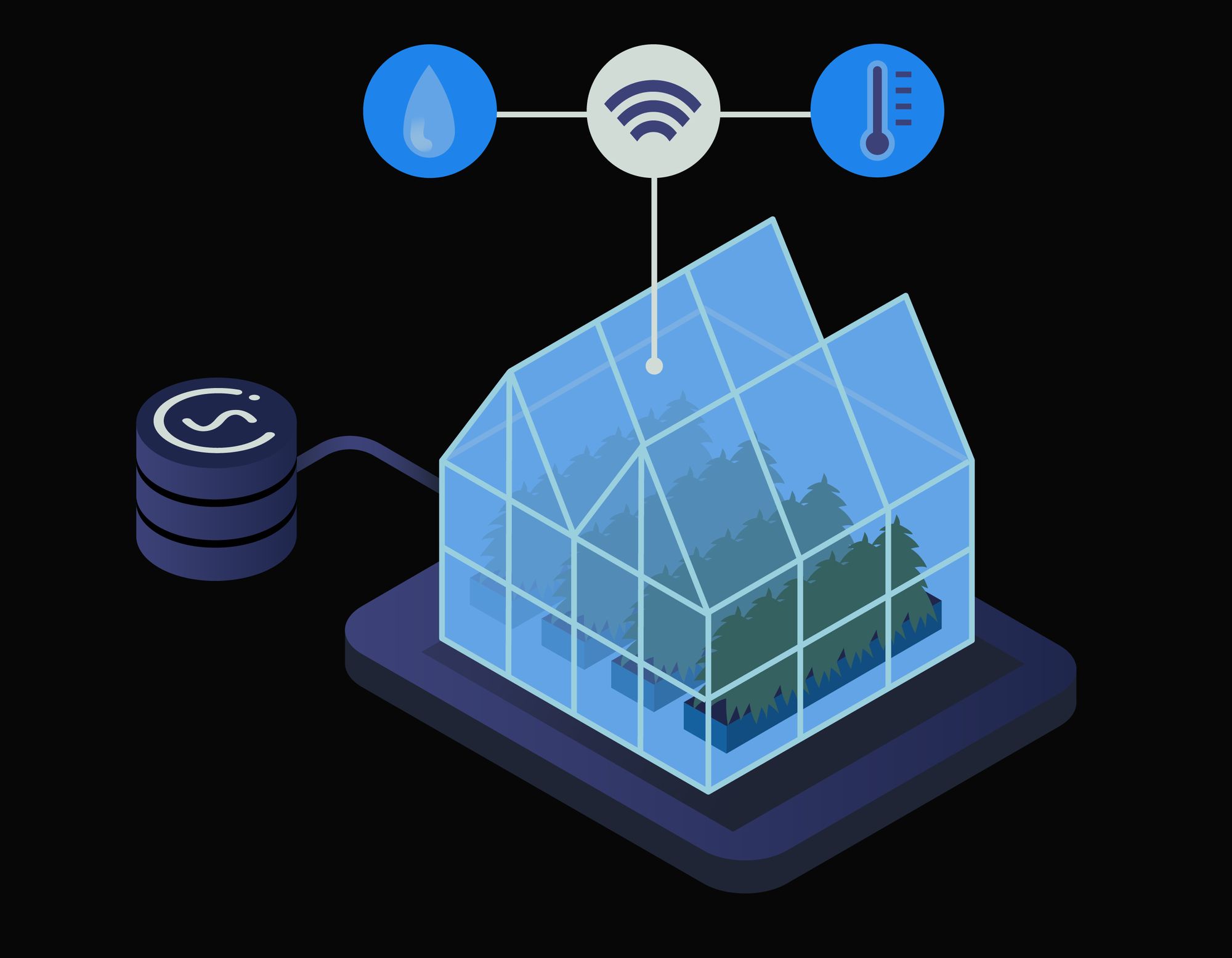 A greenhouse using elevated signals to capture environmental data.