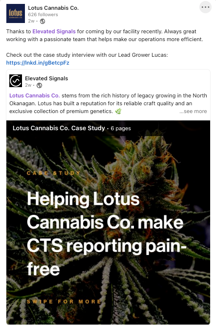 Lotus Cannabis' shout out to Elevate Signals on Linkedin